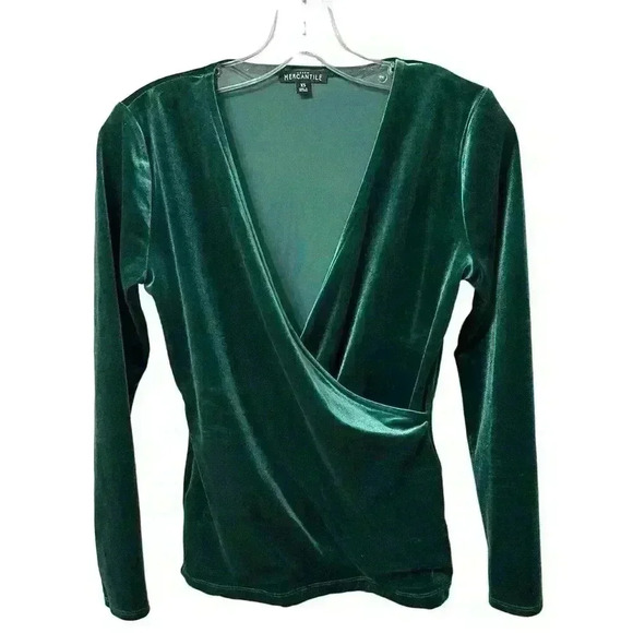 J. Crew Mercantile Green Velvet Long Sleeve Stretch Wrap Top Size XS - Picture 1 of 5